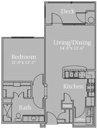 Floor plan for 1 bed, 1 bath, 714 sqft